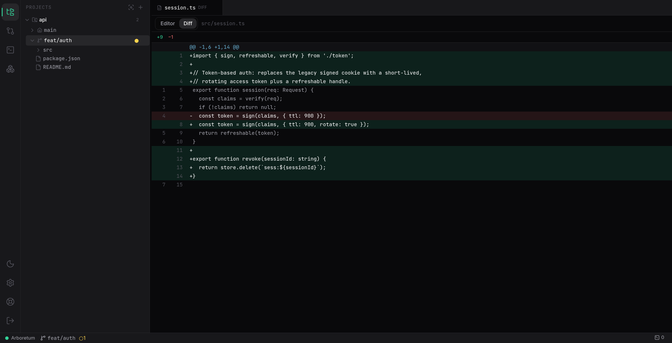 Arboretum, the multi-project AI IDE (dark theme)